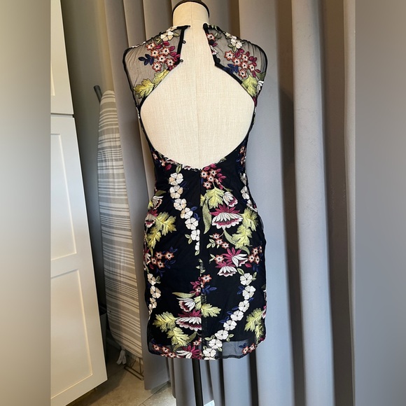 Bardot Black Embroidered Floral Sheath Dress | Mesh Overlay Cocktail - Picture 7 of 13